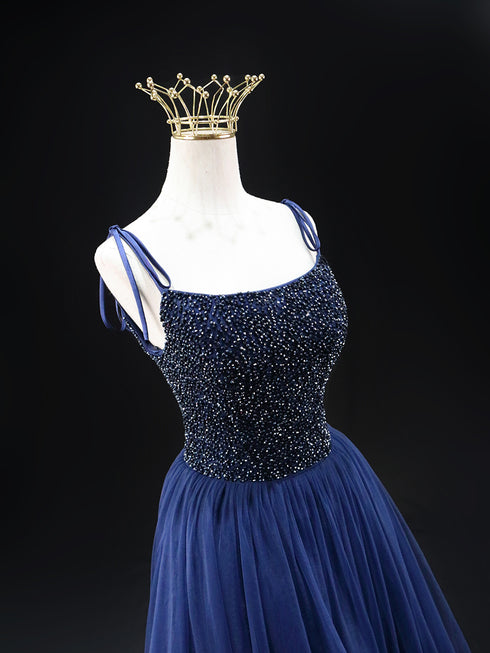 Navy Blue Wedding Dress - Sequin Evening Gown - Spaghetti Strap Dress with Lace-up Back Plus Size